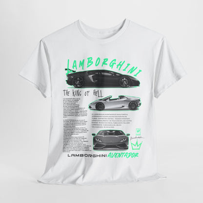 Lamborghini Aventador graphic men's t-shirt featuring bold design, vibrant imagery of the car, and informative text showcasing its history and specifications in a striking colour palette of black, white, and teal-green.