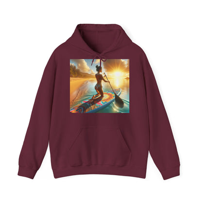 Fantasy Paddleboarding Unisex Hooded Sweatshirt displaying a magical paddleboarding moment at dawn, a luxurious choice for enthusiasts of water sports.