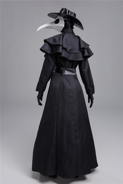 Back view of the Halloween Dark Dungeon Hero Costume showcasing the elegant black cloak and characteristic ruffled collar, perfect for creating a spooky yet luxurious look this Halloween.