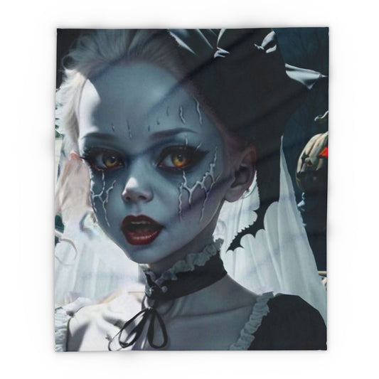 Artistic representation of a Halloween-themed Arctic fleece blanket featuring a hauntingly beautiful girl with a spooky expression and dramatic makeup, perfect for adding a luxurious touch to your Halloween decor.