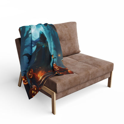 Decorative and Warm Halloween Spooky Arctic Fleece Blanket draped over a stylish chair, emphasising its luxurious texture and seasonal charm for upscale Halloween home styling.