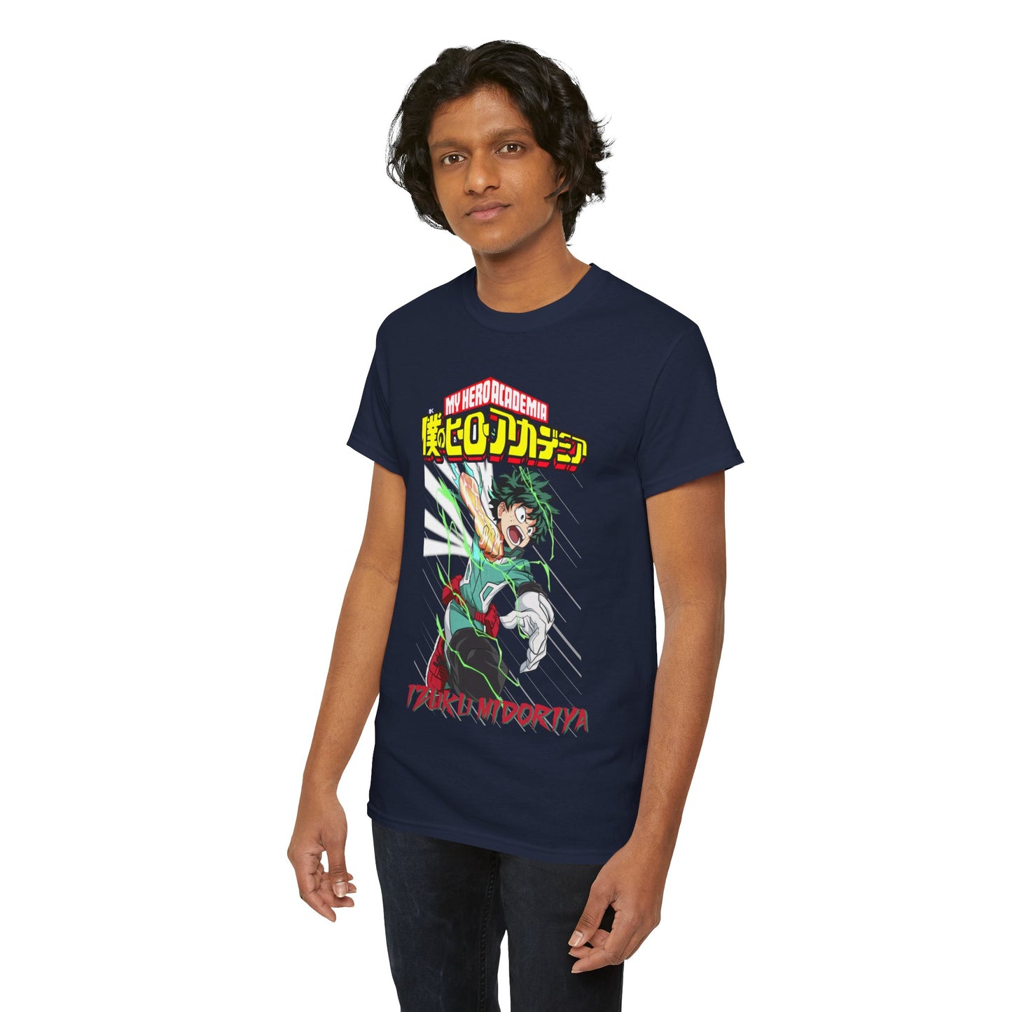 Stylish Izuku Midoriya graphic tee showcasing vibrant colours and intricate detailing, ideal for fashion-forward fans of My Hero Academia seeking comfort and style.