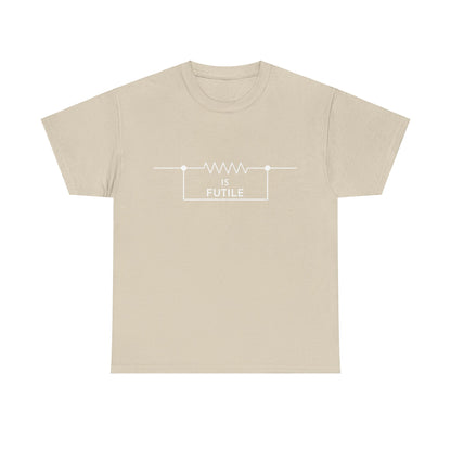 Elegant beige unisex tee shirt showcasing a refined resistor design with the statement 'IS FUTILE', inspired by the iconic Borg from Star Trek. A stylish choice for lovers of geek culture.