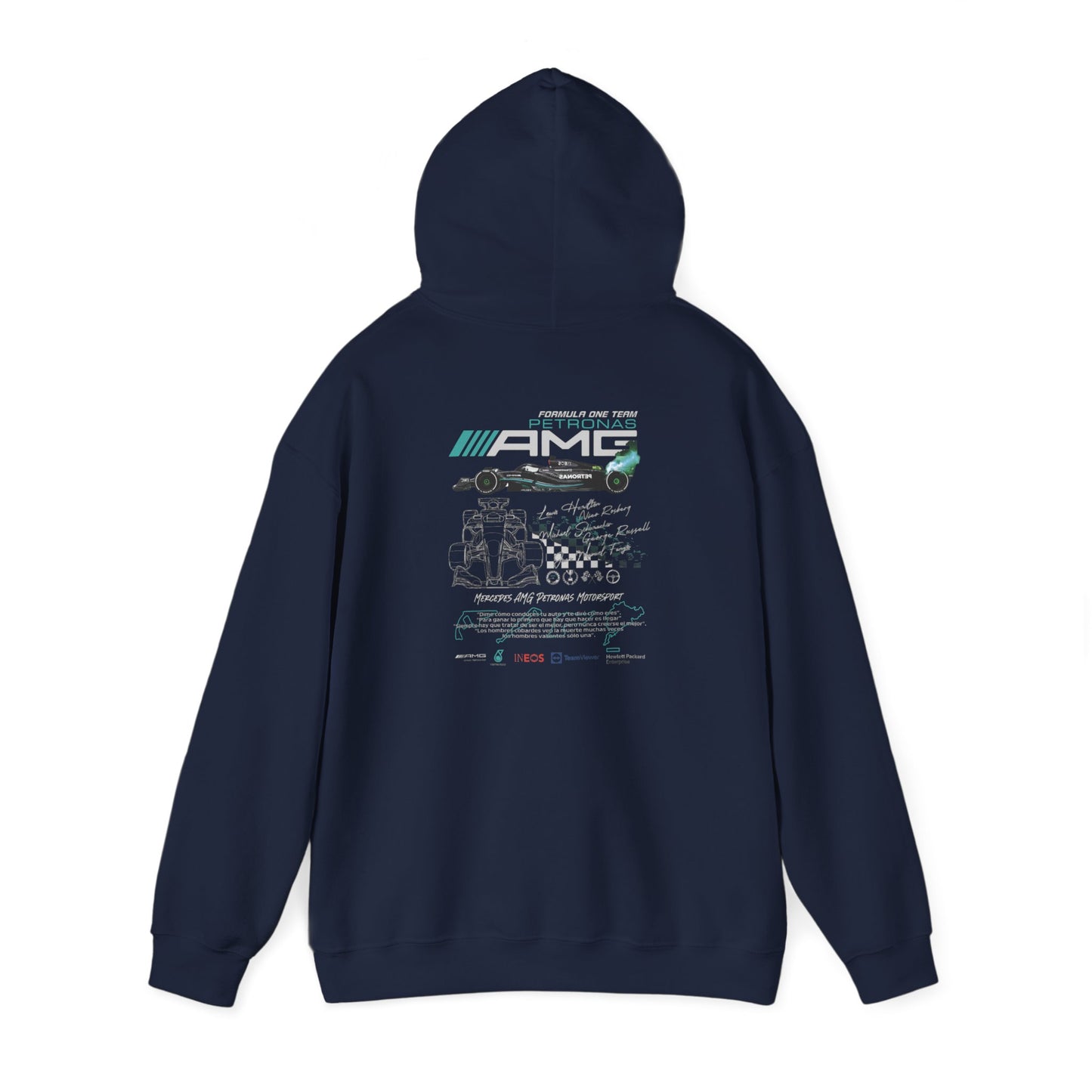 Elegant navy blue hoodie featuring intricate Mercedes AMG Petronas Formula One design on the back, showcasing a striking race car graphic and iconic logos, perfect for motorsport enthusiasts.