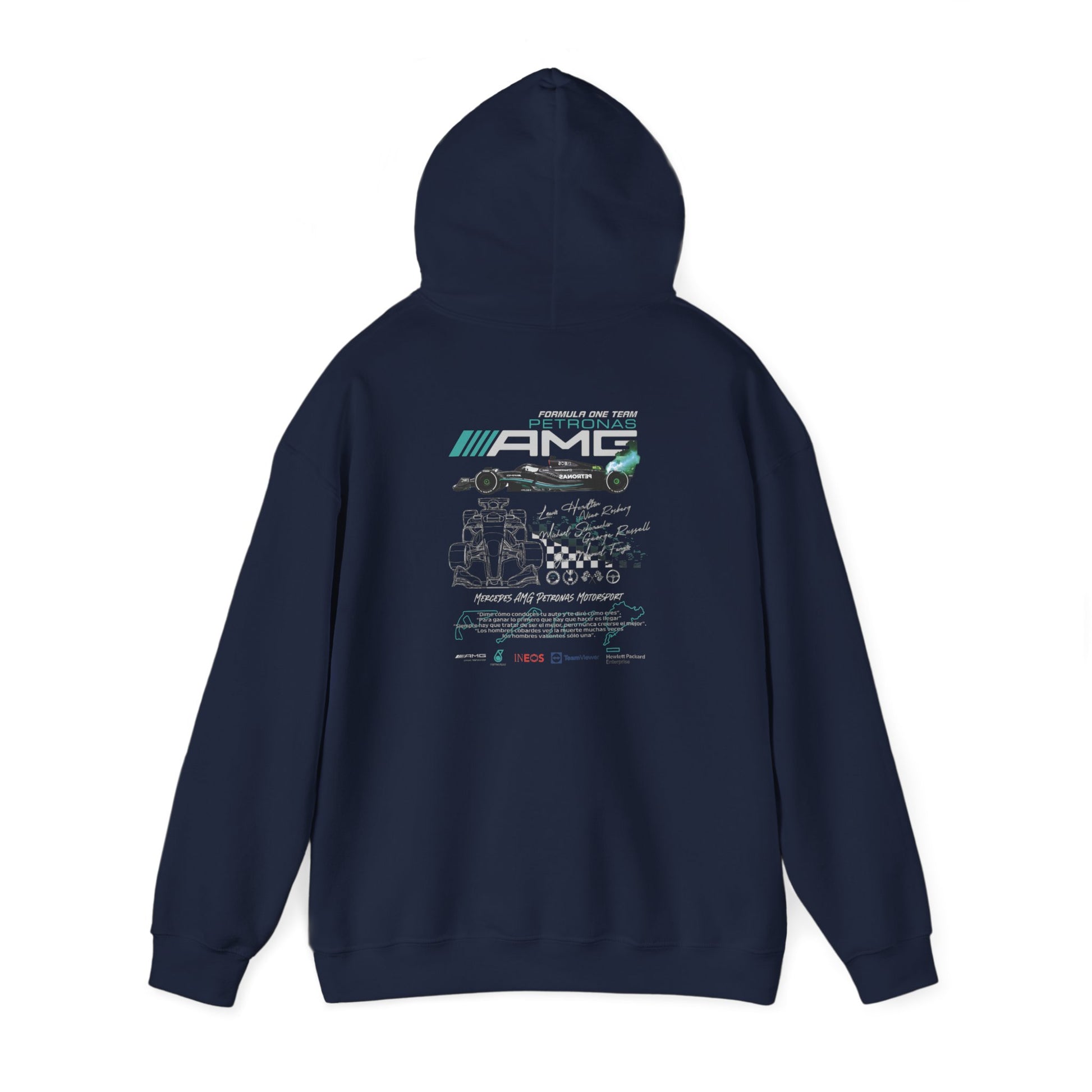 Elegant navy blue hoodie featuring intricate Mercedes AMG Petronas Formula One design on the back, showcasing a striking race car graphic and iconic logos, perfect for motorsport enthusiasts.