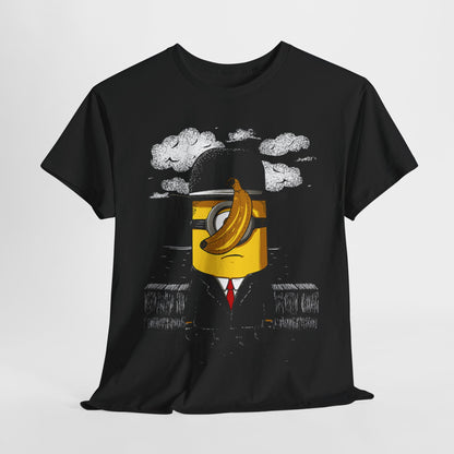 Minion of Man Parody Unisex Men's Women's Graphic T Shirt Tee featuring a yellow Minion figure in a black bowler hat, playfully holding a banana, perfect for casual and funny attire. Ideal for fans of Minions and humorous fashion.