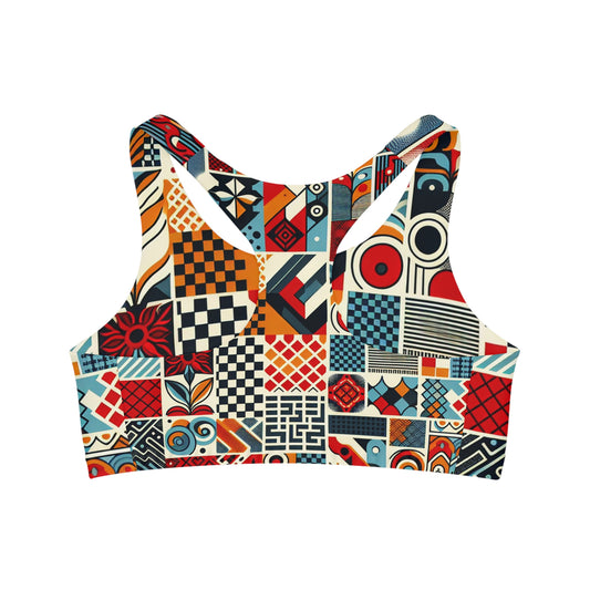 Elara Stirling Luxury Sports Bra in vibrant red checkerboard design showcasing elegant support and dynamic spirit.