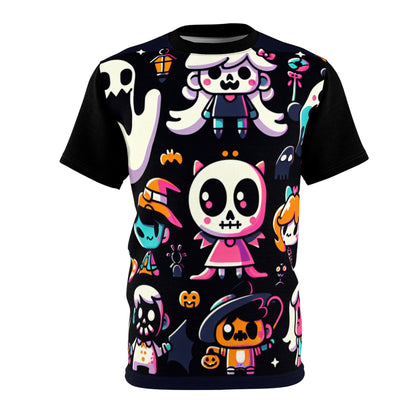 Spooky Playtime Tee by Dazzling Dreams Studio featuring a unique cartoon design with whimsical horror elements on a luxurious black canvas.