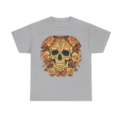 Luxury Skulls and Roses Cotton Tee in grey featuring striking steampunk-inspired skull and rose graphic, perfect for alternative fashion enthusiasts.