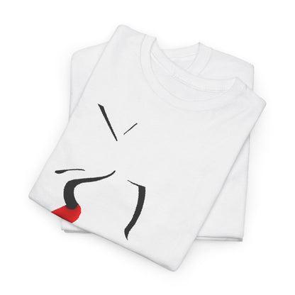Luxurious white graphic t-shirt featuring abstract intertwined faces with bold black lines and a striking red kiss, folded elegantly.