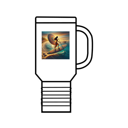 Fantasy Paddleboarding 40Oz Insulated Stainless Steel Travel Mug featuring a vibrant image of a paddler on a decorative surfboard by the beach, embodying adventure and whimsy.