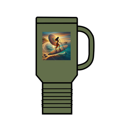 Luxury Fantasy Paddleboarding 40Oz Insulated Stainless Steel Travel Mug in olive green, featuring a stylish paddleboarding graphic for adventurous hydration.