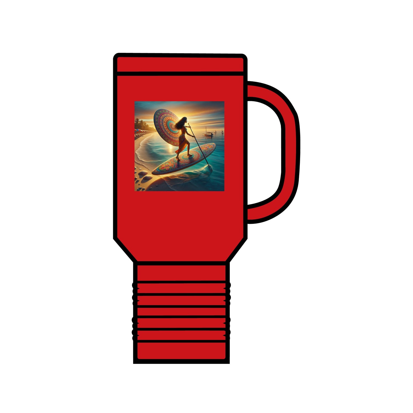 Luxury Fantasy Paddleboarding 40Oz Insulated Stainless Steel Travel Mug in vibrant red, showcasing a captivating paddleboarding theme, perfect for outdoor enthusiasts.