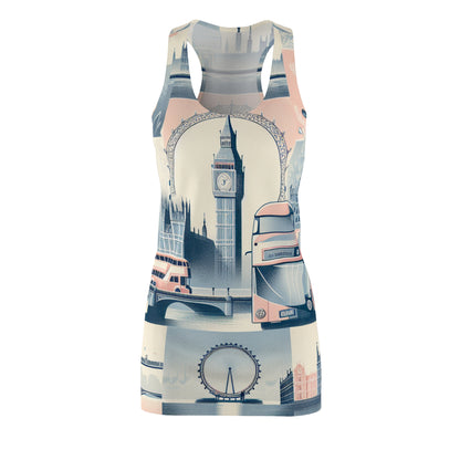Valentina Noir London Pastel Racerback Dress featuring iconic London landmarks, showcasing the elegant design and artistic patterns inspired by the London Eye and Big Ben.