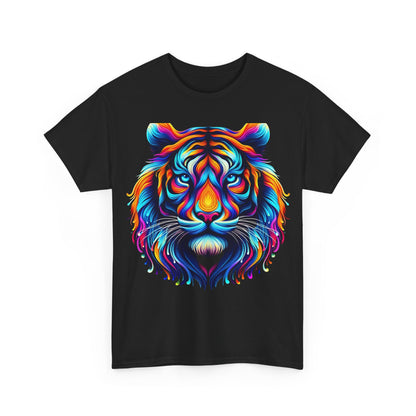 The front view of the striking Tiger's Whimsy Graphic Tee in black, featuring a vivid kaleidoscopic tiger design that captivates the eye.