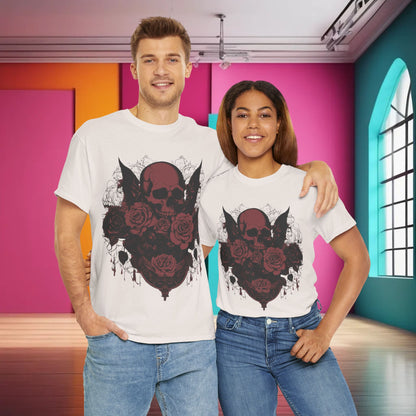Two models wearing the Skulls and Roses Cotton Tee, illustrating the versatile style suitable for both men and women.