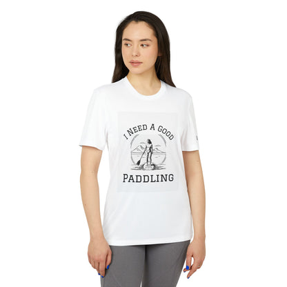 Adidas Women’s Eco-Friendly Paddleboarders T-Shirt in White, featuring a stylish graphic that says 'I NEED A GOOD PADDLING', perfect for adventurous spirits who appreciate comfort and sustainability.