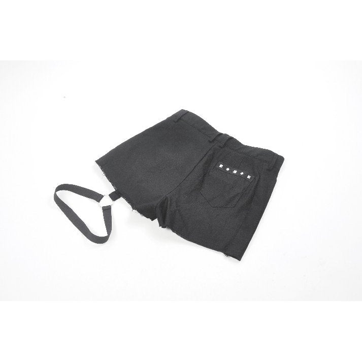 Elegant high-waisted black garter shorts featuring pleated asymmetrical panels and striking silver grommet accents, perfect for a sophisticated goth look.