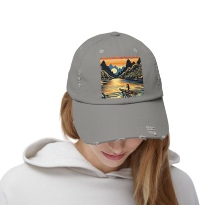 Unisex Distressed Paddleboarders Cap with Fantasy Design, worn by a model expressing a chic look along with a water adventure background, perfect for stylish outdoor enthusiasts.