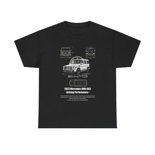 Elegant black men's t-shirt with a stylish 2023 Mercedes-AMG G63 graphic print, highlighting automotive excellence and performance.