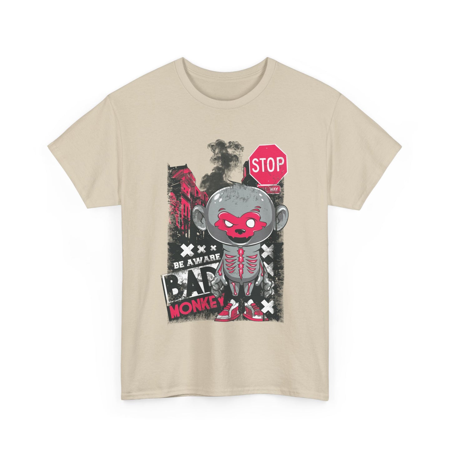 Striking men's t-shirt featuring a bold graphic design of a monkey in urban street art style, perfectly blending quirky and contemporary fashion.