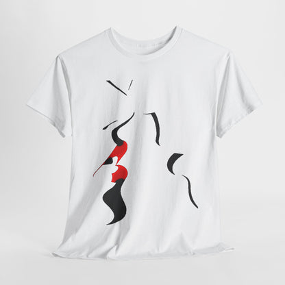 Luxurious unisex graphic cotton T-shirt featuring an artistic design of abstract black and red shapes, poised elegantly on a white background.