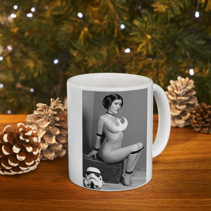 Delightful Funny Princess Leia Mug set against a festive backdrop, embodying the spirit of fun and pop culture. This unique ceramic drinkware highlights Princess Leia’s bold artistic portrayal, perfect for collectors and fans alike.