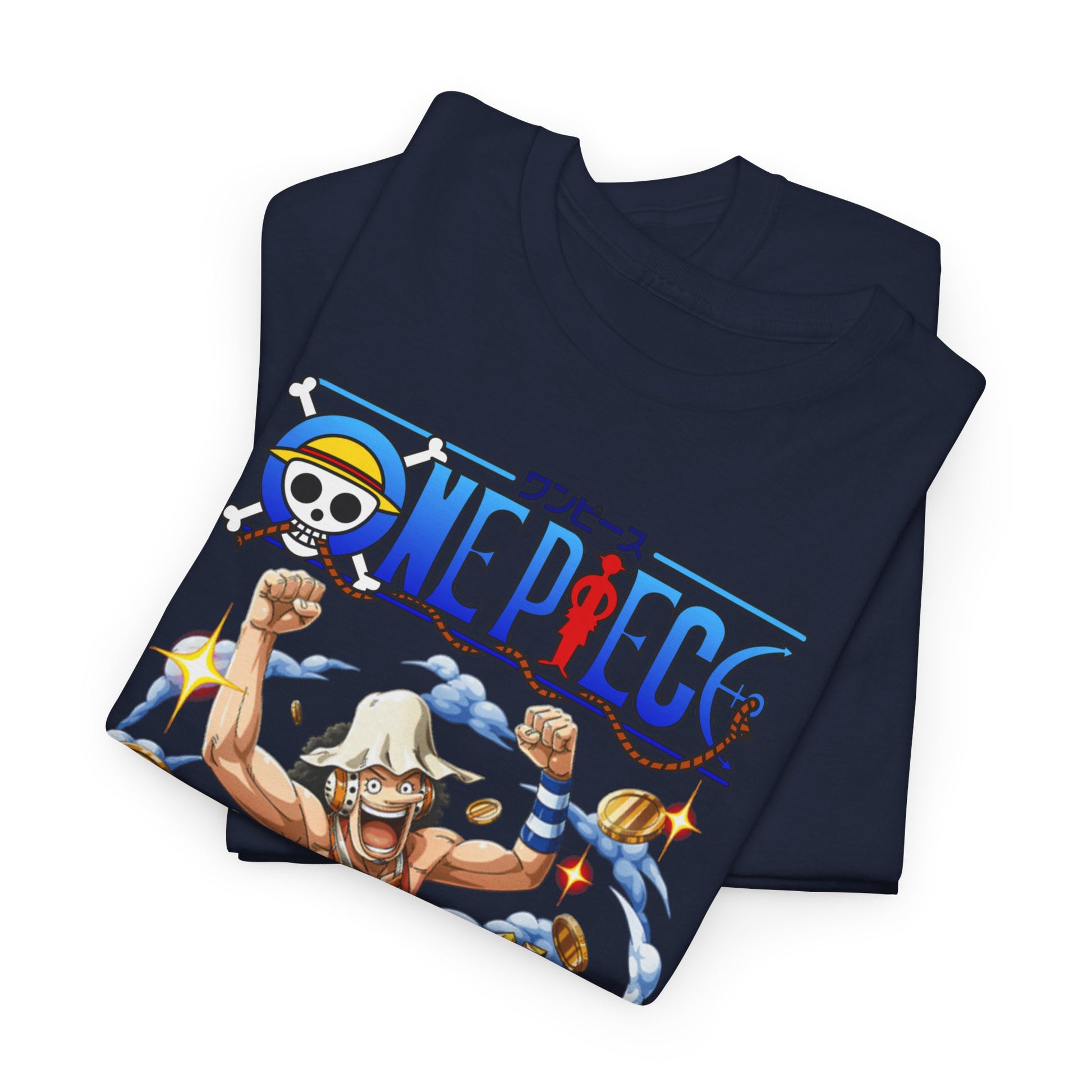Folded navy Usopp men's t-shirt displaying eye-catching design of Usopp from One Piece, ideal for fashionable anime lovers.