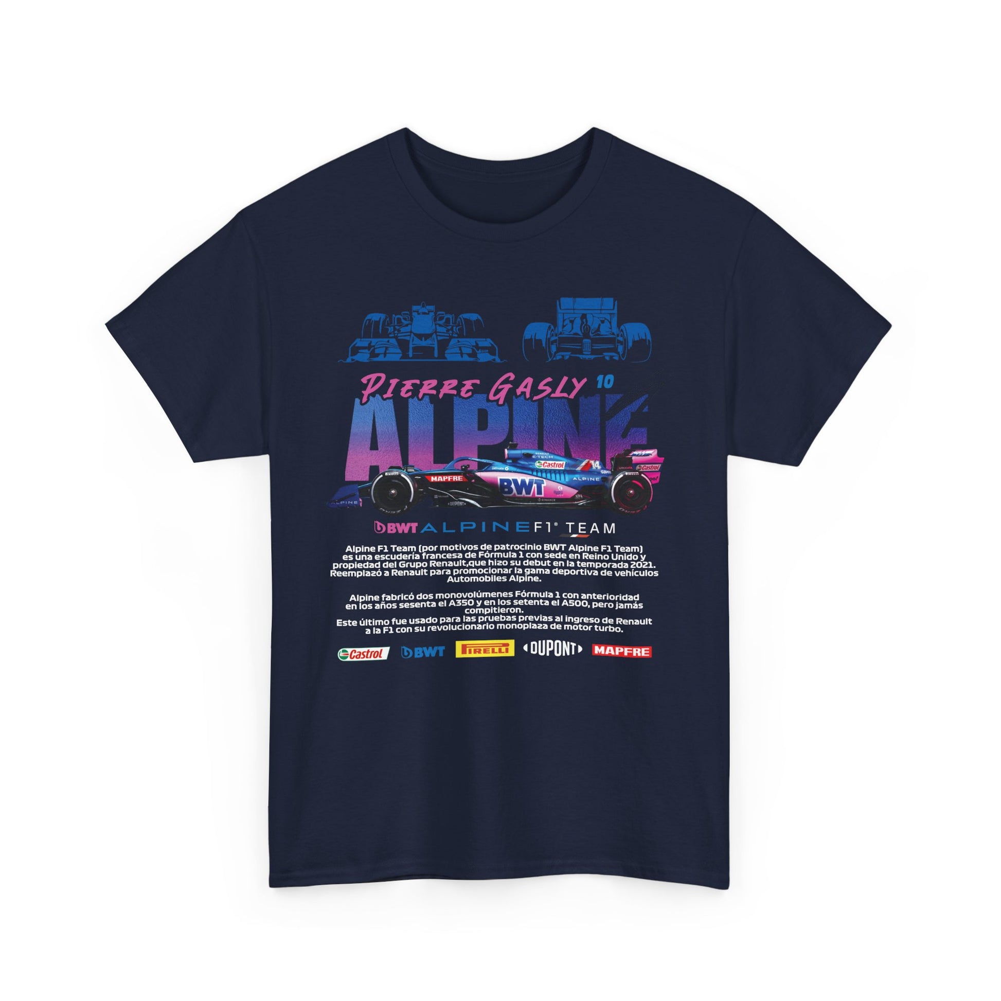 Elegant Alpine F1 Team Men’s T-Shirt featuring bold graphics, showcasing the iconic racing style and premium design.