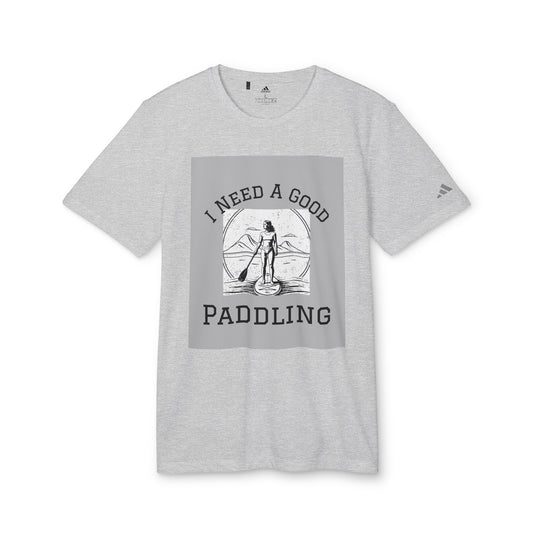 Adidas Women's Eco-Friendly Paddleboarders T-Shirt in Grey displayed flat, showcasing the unique 'I Need A Good Paddling' print, ideal for luxurious water sports wear.
