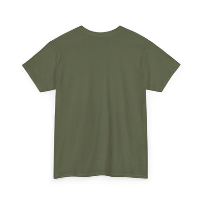 Back view of the olive green 'THE FAMILY' graphic tee, displaying a classic t-shirt silhouette, combining elegance and simplicity.