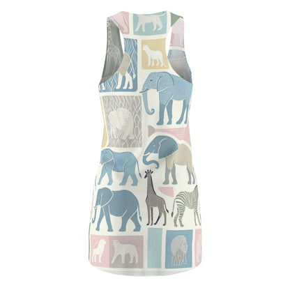 Maxwell Bravura Women's Racerback Dress with Whimsical Animal Pattern in Pastel Colours featuring a vibrant display of giraffes and lions in a captivating design.