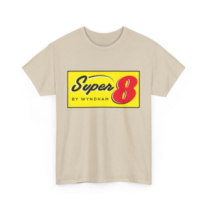 Super 8 Retro Logo Unisex Graphic Tee - Front view in beige, highlighting the iconic retro logo that merges style with nostalgia.