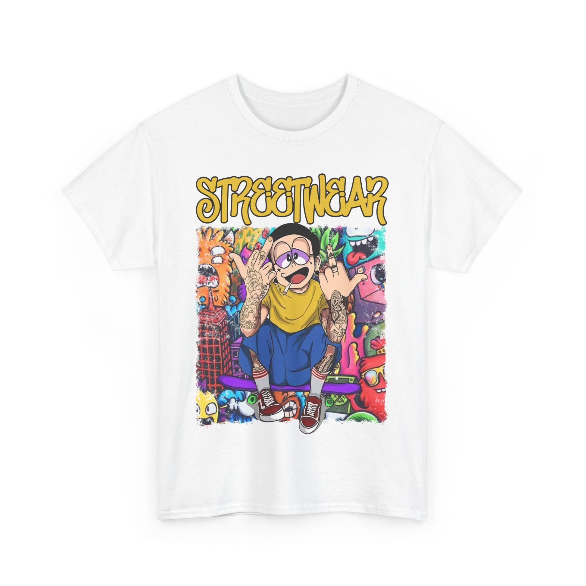 Front view of a trendy white t-shirt featuring a colourful cartoon design with the word 'STREETWEAR,' ideal for fashion enthusiasts.