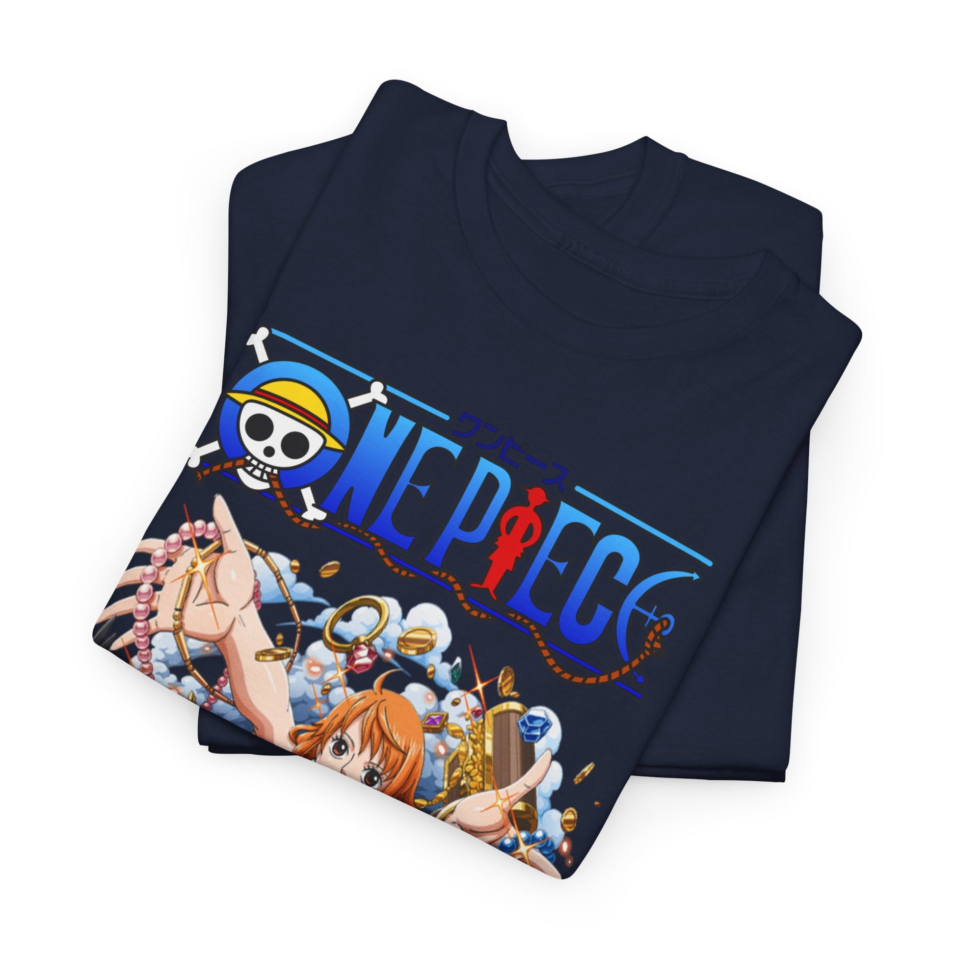 Folded navy blue t-shirt displaying a striking design of Nami from One Piece with treasures, capturing the essence of adventure in luxurious fashion.