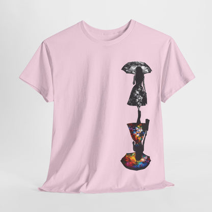 The Duality Dreams unisex t-shirt presented in a soft pink hue, featuring an exquisite artistic floral design with two contrasting woman silhouettes, embodying sophistication and creative expression.