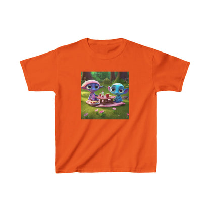 Vibrant orange Kids Heavy Cotton Tee with enchanting alien designs, perfect for active children who love to express themselves.