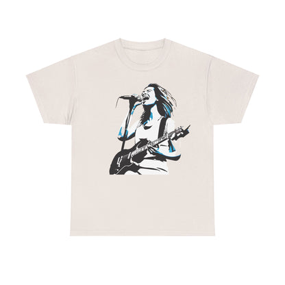 Legend of Rock Graphic T-Shirt in cream, adorned with a bold graphic of a guitar-wielding artist singing passionately, epitomising modern urban fashion.