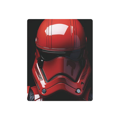 Luxury Crimson Stormtrooper Metal Art Poster showcasing an iconic red helmet, ideal for enhancing your home or office aesthetics with Star Wars elegance.