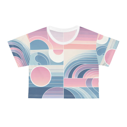 Celeste Rutherford Trendsetter Pastel Gradient Crop T-Shirt by Dazzling Dreams Studio in soft silky fabric featuring elegant pastel colours of pink, purple, and blue for a luxurious, fashionable look.