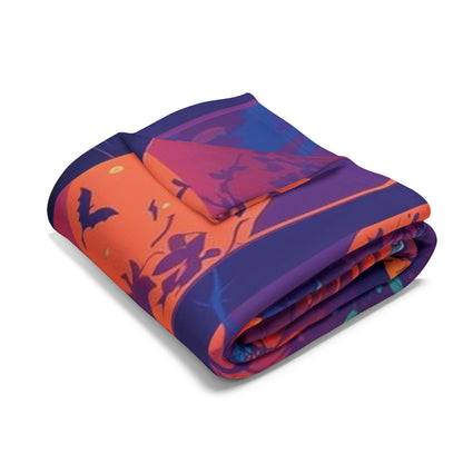Neatly rolled Decorative and Warm Halloween Spooky Arctic Fleece Blanket, highlighting its soft texture and colourful Halloween-themed print, an essential accessory for stylish seasonal lounging.