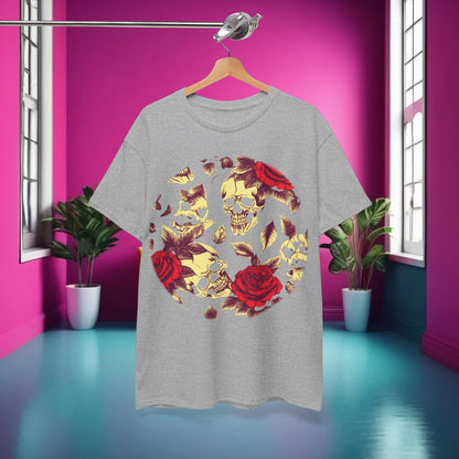 Luxury Skulls and Roses Cotton Tee showcasing an intricate steampunk design, featuring skulls and red roses against a soft grey backdrop.