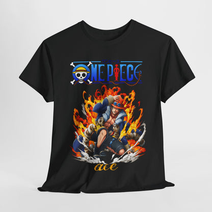 Luxurious black T-shirt featuring a striking graphic of Ace from the anime series One Piece, surrounded by vibrant flames, perfect for adventurous anime enthusiasts.