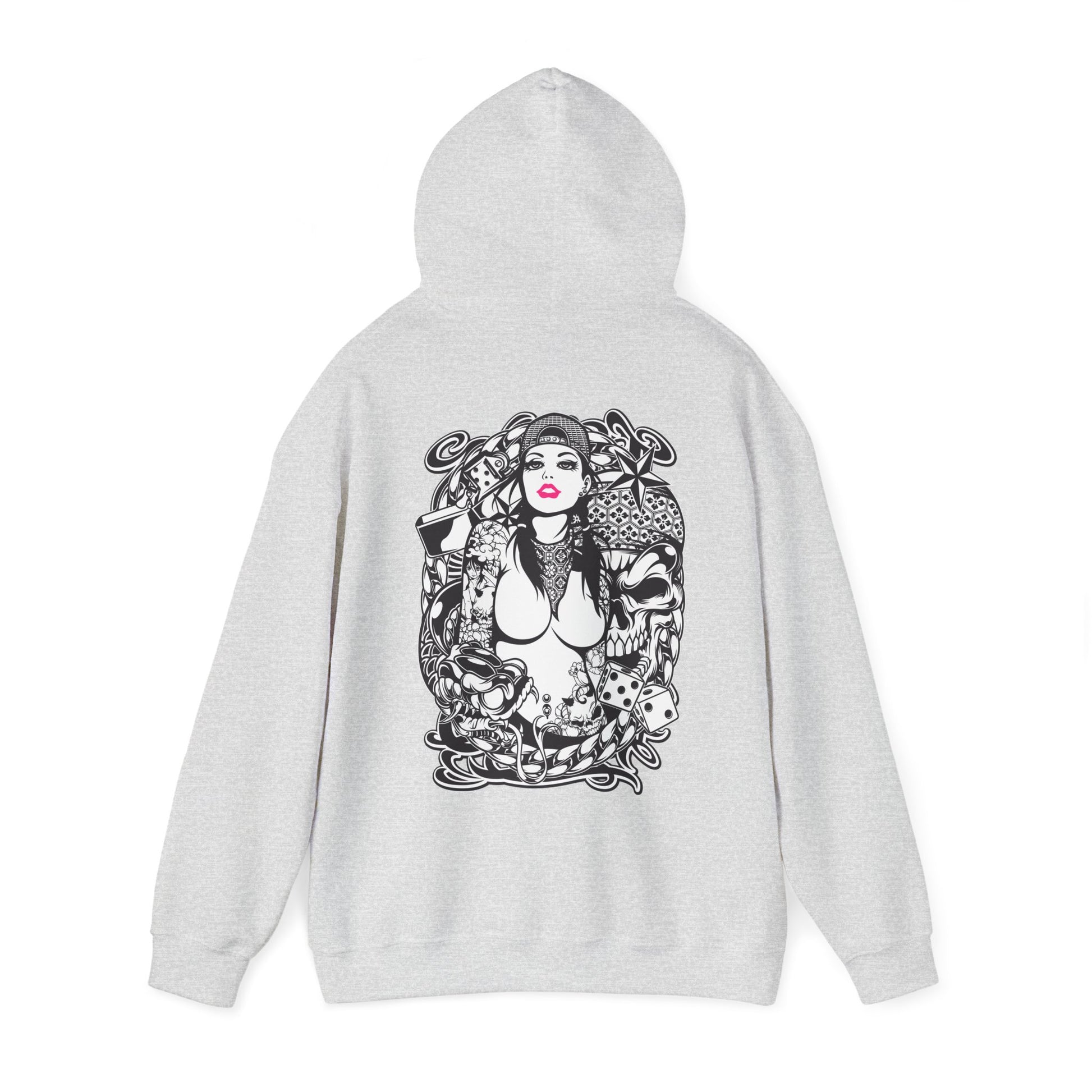 Sophisticated grey hoodie with a prominent tattoo-style graphic on the back, illustrating a striking female figure amidst artistic elements.