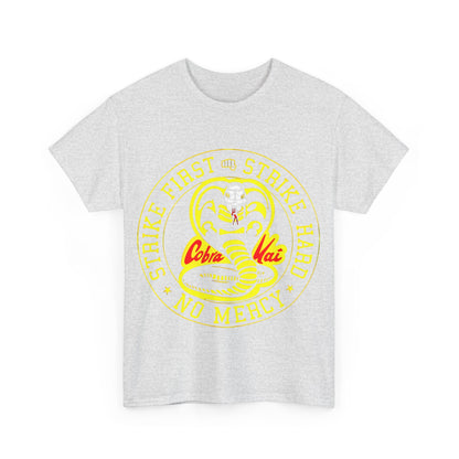 Cobra Kai Graffiti Graphic Unisex T-Shirt - front view of a light grey tee featuring striking Cobra Kai logo and vibrant colours, epitomizing stylish streetwear.
