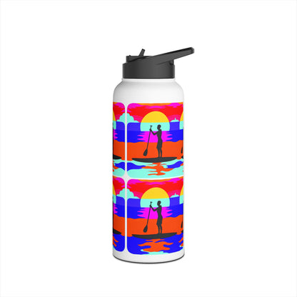 Fantasy Paddleboarding Stainless Steel Water Bottle showcasing an eye-catching pattern of paddleboarding silhouettes with bold hues, ideal for stylish hydration on the water.