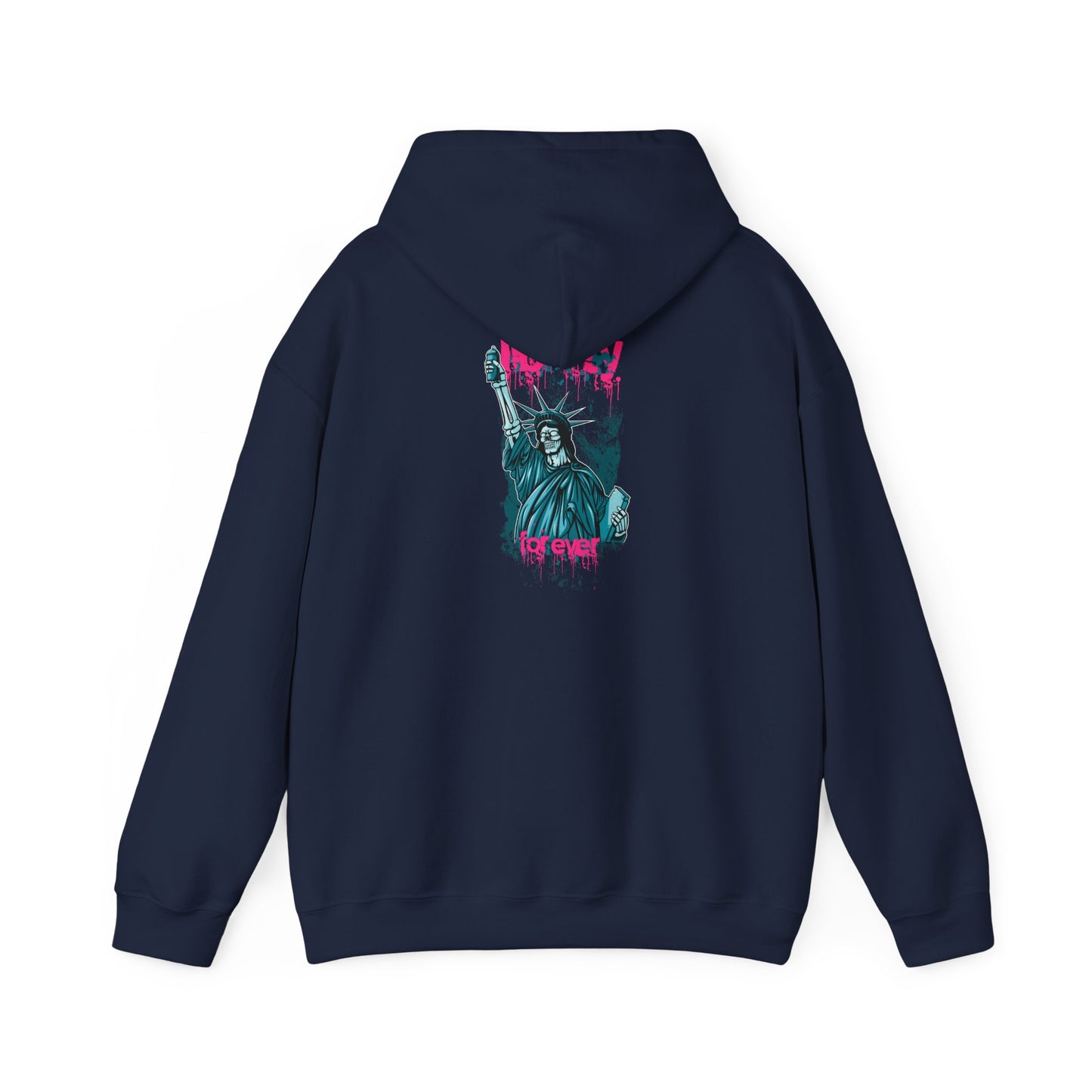 Elegant navy hoodie illustrating a bold graffiti art design of Lady Liberty with vibrant pink text, embodying urban chic.