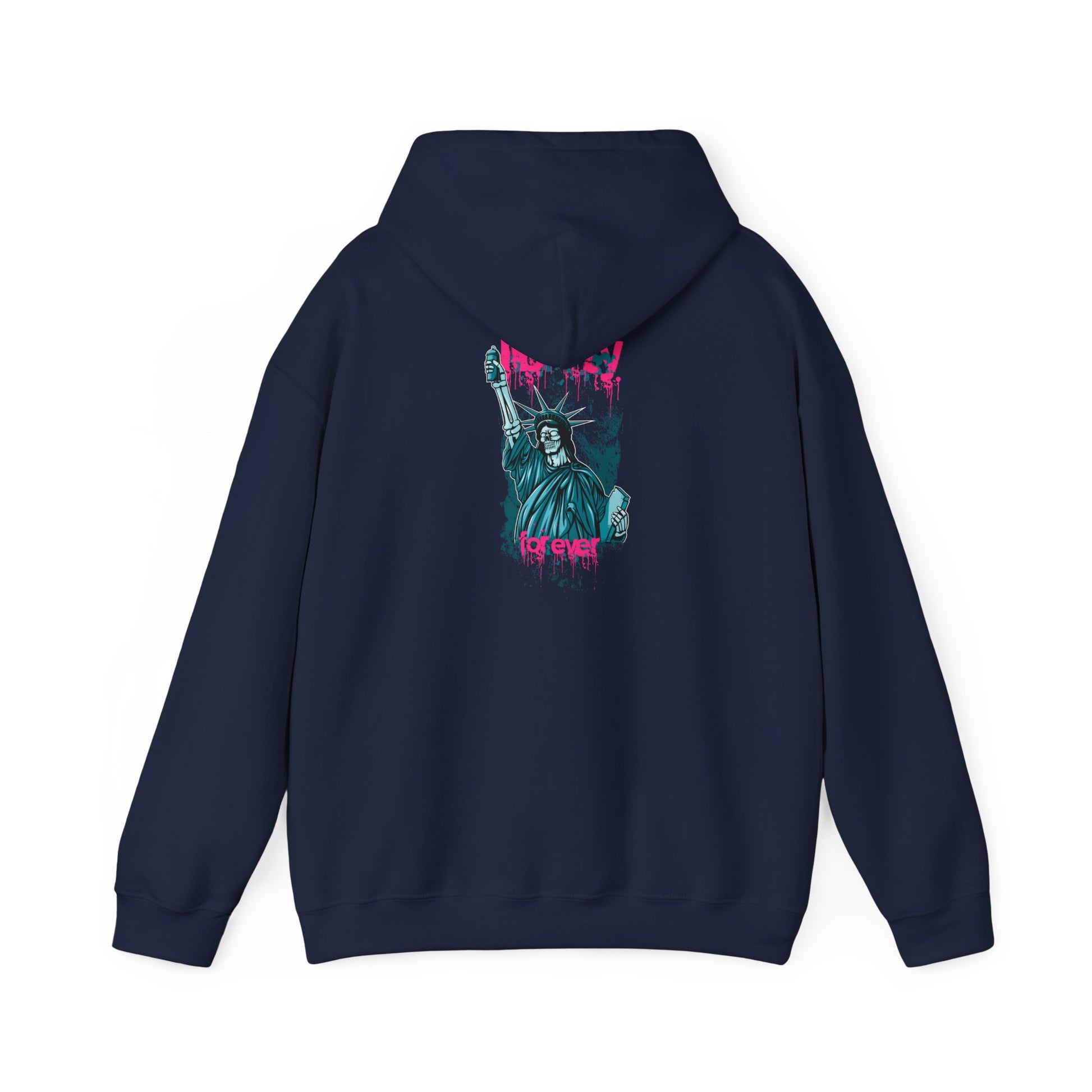 Elegant navy hoodie illustrating a bold graffiti art design of Lady Liberty with vibrant pink text, embodying urban chic.