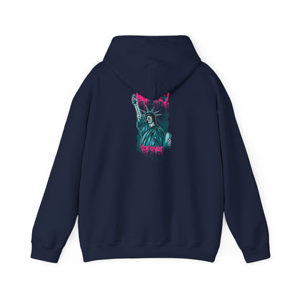 Elegant navy hoodie illustrating a bold graffiti art design of Lady Liberty with vibrant pink text, embodying urban chic.
