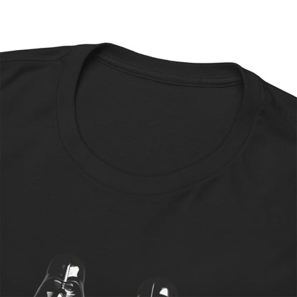 Close-up view of the neckline on the Mr + Mrs Vader Star Wars Unisex Mens Graphic Cotton Funny T-Shirt Tee Vintage, showcasing its luxurious black fabric and stylish design.